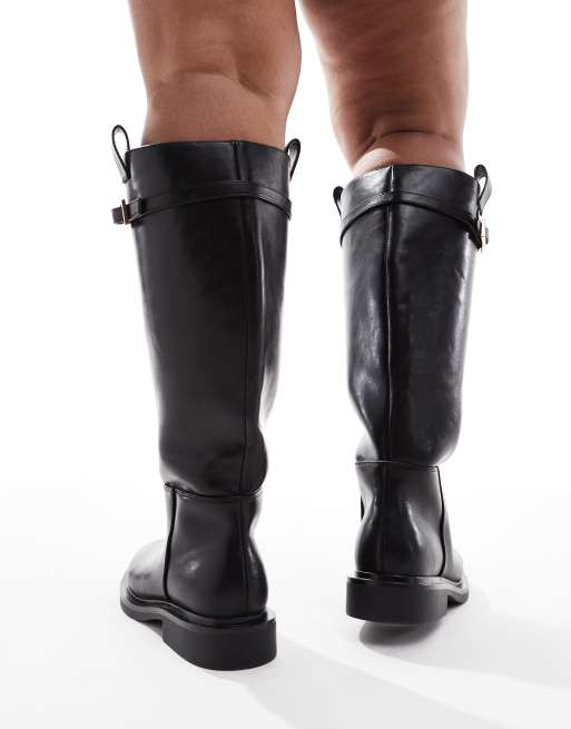 ASOS DESIGN Curve Callie smart flat riding knee boots in black ASOS