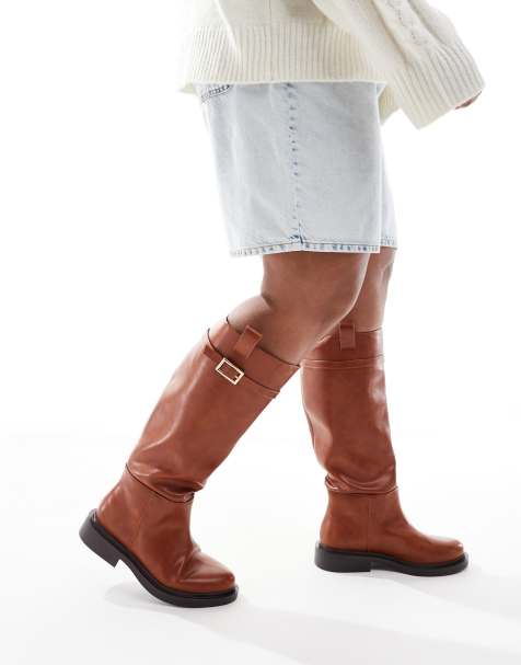 ASOS DESIGN Curve Callie smart flat riding knee boots in tan - view 1