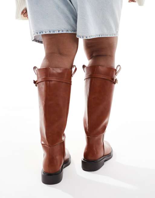 ASOS DESIGN Curve Callie smart flat riding knee boots in tan