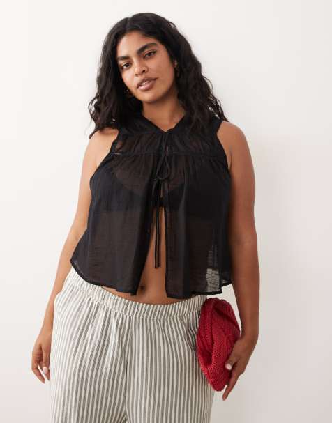 ASOS DESIGN Curve - Calypso - Sort strandvest med blonder og udskæringsdetaljer samt bindebånd foran - view 1