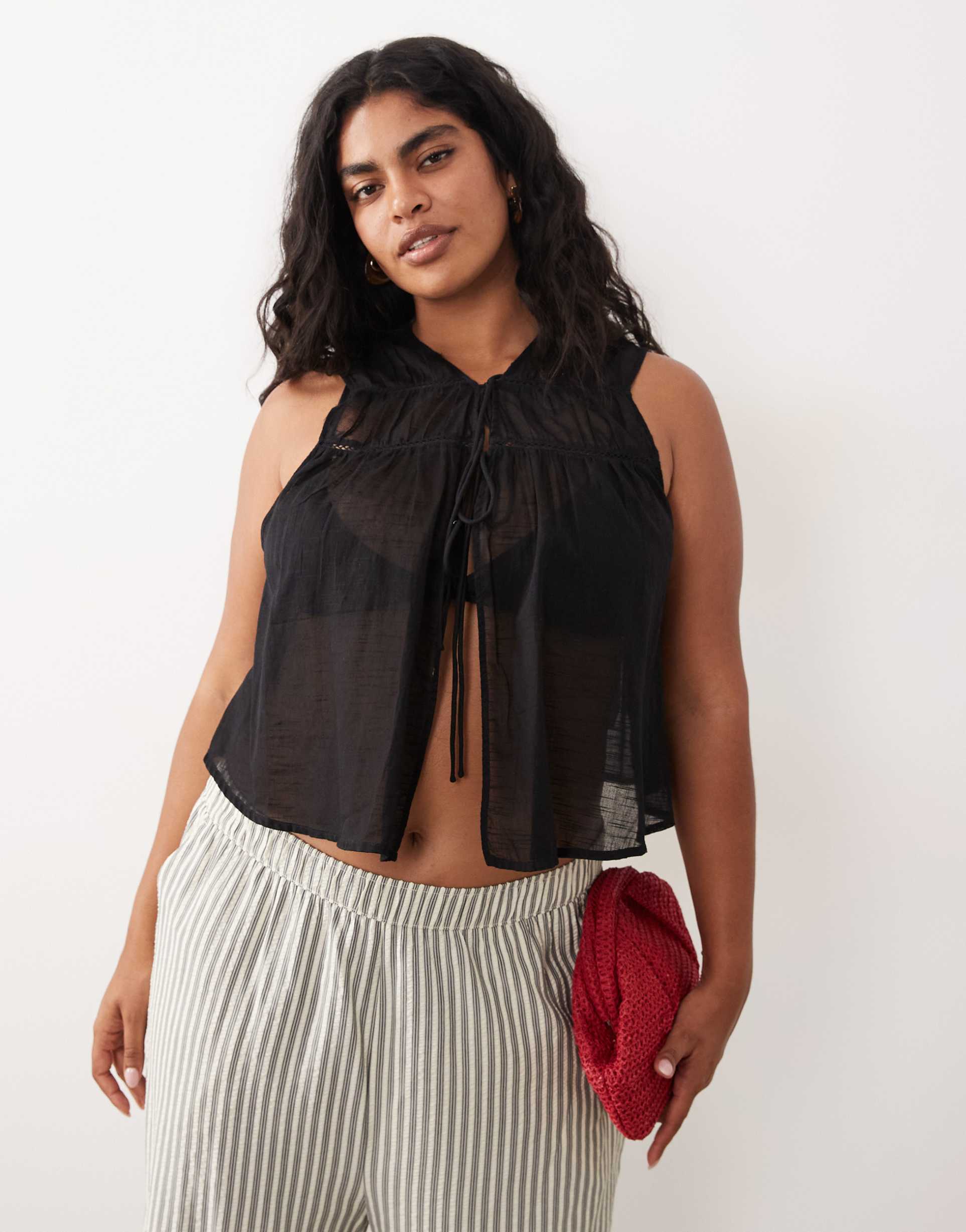 asos design curve calypso tie front beach vest with lace cut out trim in black