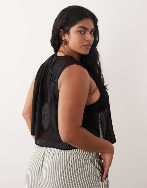 ASOS DESIGN Curve Calypso tie front beach vest with lace cut out trim in black, 4 of 4