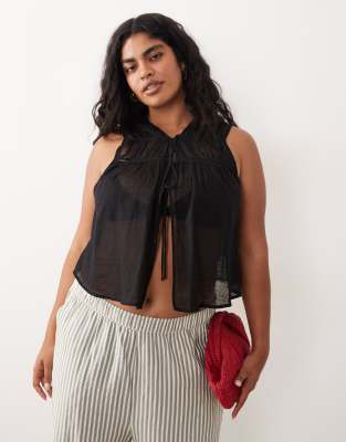 ASOS DESIGN Curve - Calypso - Vorne geschnürte Strandweste in Schwarz mit Spitzenbesatz und Cut-outs Schwarz 54