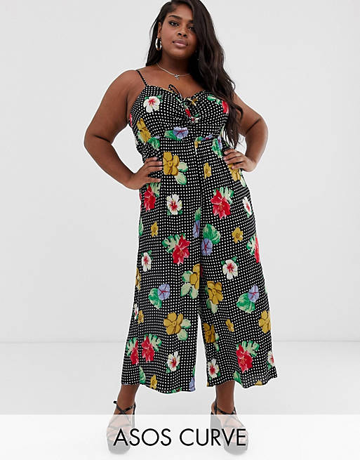 ASOS DESIGN Curve cami jumpsuit with gathered bodice in floral print