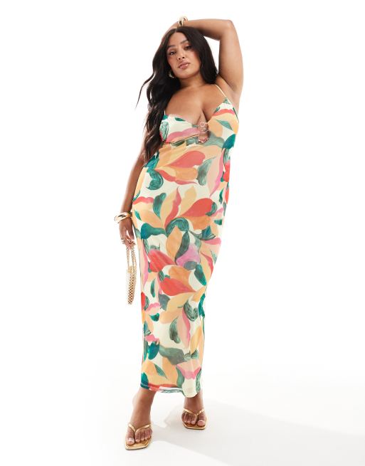 ASOS DESIGN Curve - Cami-maxikjole med ringdetalje og stort abstrakt print i mesh, 3 af 4