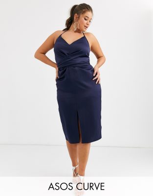 ASOS DESIGN Curve cami midi dress with wrap waist in satin-Navy