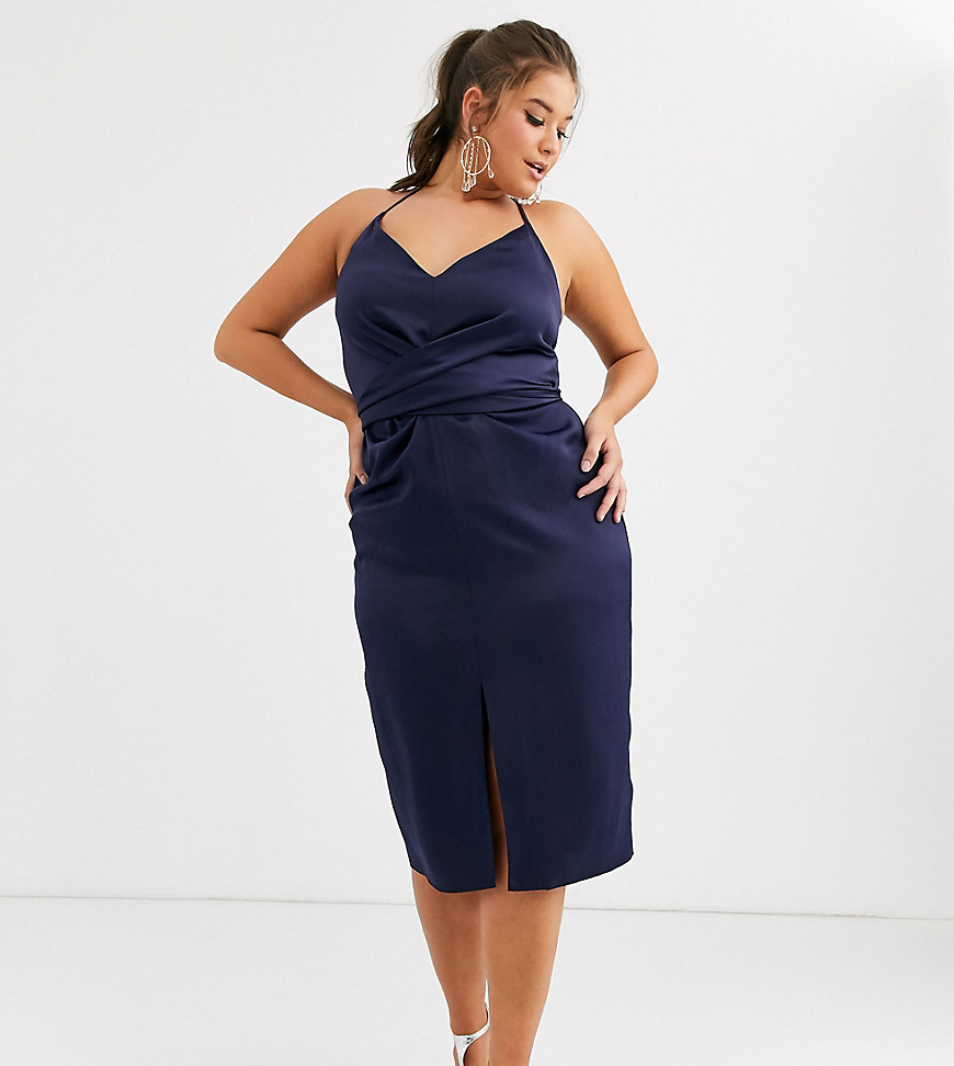 ASOS DESIGN Curve - Cami midi-jurk met overslag bij de taille van satijn-Marineblauw