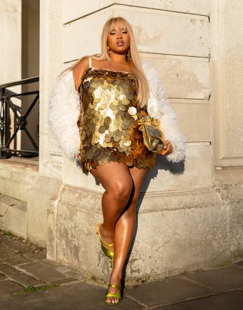 ASOS DESIGN Curve - Cami mini jurk met discolovertjes in goud - view 1