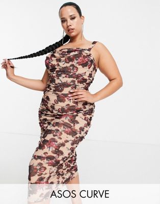 ASOS DESIGN Curve cami ruched mesh midi dress in cream and wine floral print