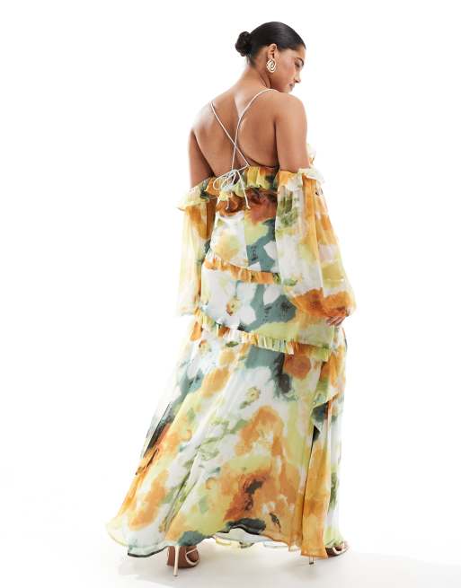 ASOS DESIGN Curve cami strap cold shoulder maxi dress with ruffles in abstract floral print, 2 of 4
