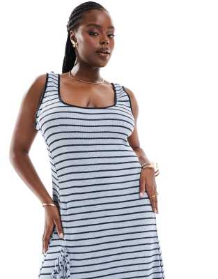 Asos Design Curve Cami Strap With Ruched Tie And Side Split Midi Dress In Navy And Black Stripe-Multi