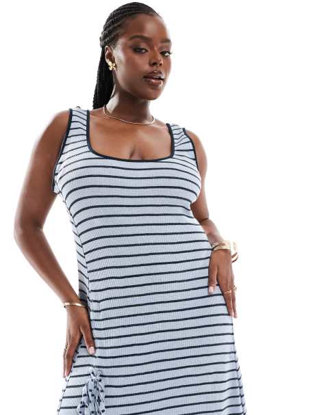 ASOS DESIGN Curve cami strap with ruched tie and side split midi dress in navy and black stripe - view 1