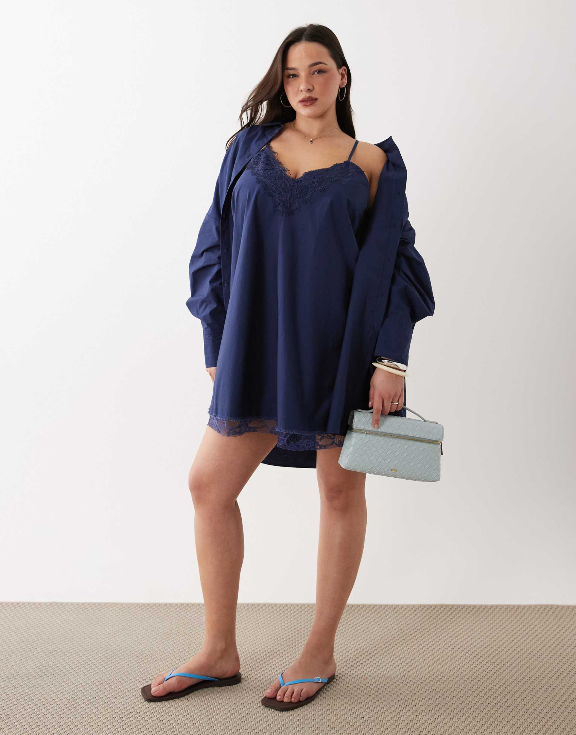 asos design curve cami v-neck mini sundress with lace overlay in navy