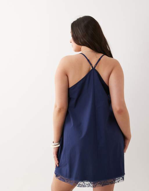 ASOS DESIGN Curve cami V-neck mini sundress with lace overlay in navy , 4 of 4