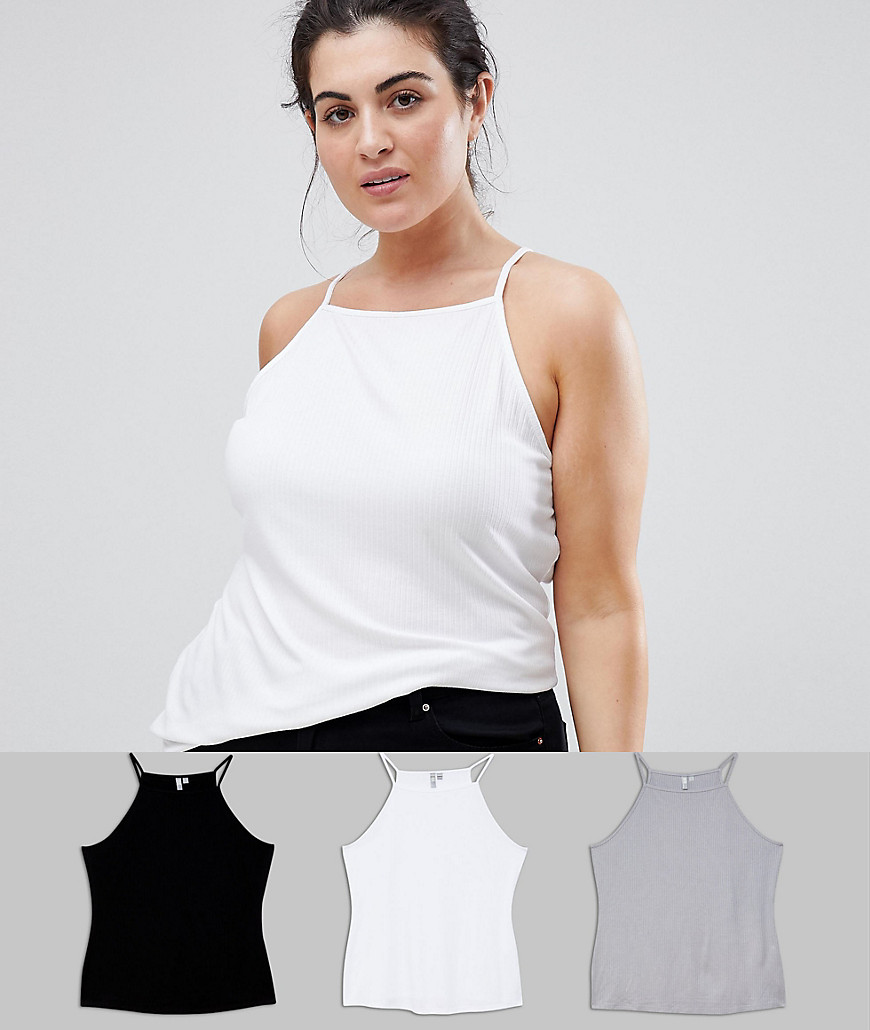 ASOS DESIGN Curve cami with square neck in fitted rib 3 pack SAVE-Multi