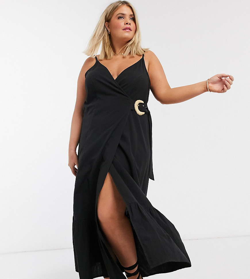 ASOS DESIGN Curve cami wrap maxi dress in linen with wicker belt-Black