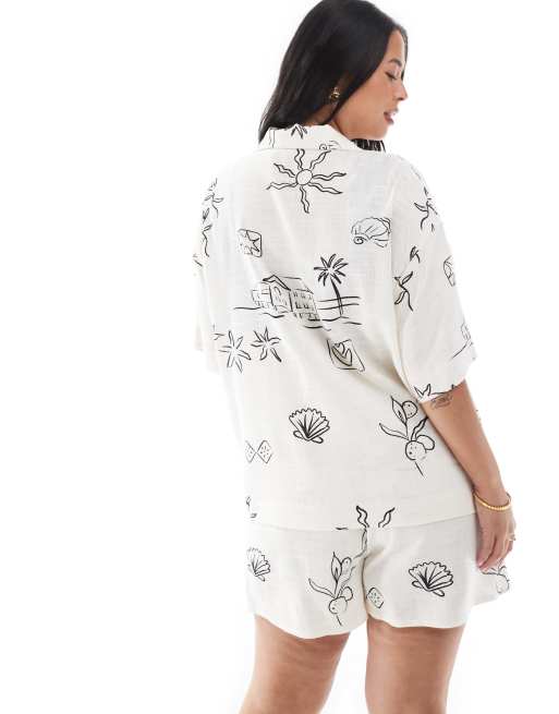 ASOS DESIGN Curve - Camicia a maniche corte in misto lino con stampa di schizzi in coordinato, 2 di 4