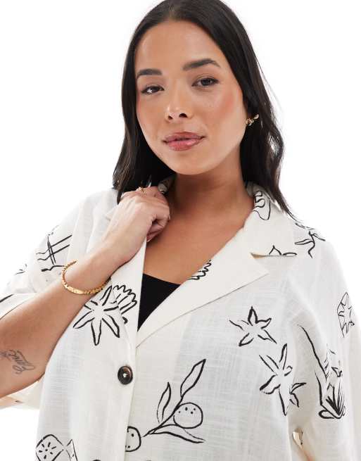 ASOS DESIGN Curve - Camicia a maniche corte in misto lino con stampa di schizzi in coordinato, 4 di 4