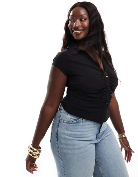 ASOS DESIGN Curve - Camicia a maniche corte nera sinuosa arricciata con scollo profondo - view 1