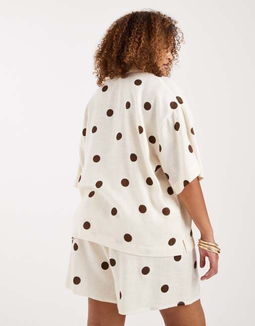 ASOS DESIGN Curve - Camicia a pois in lino con colletto a rever in coordinato, 4 di 4