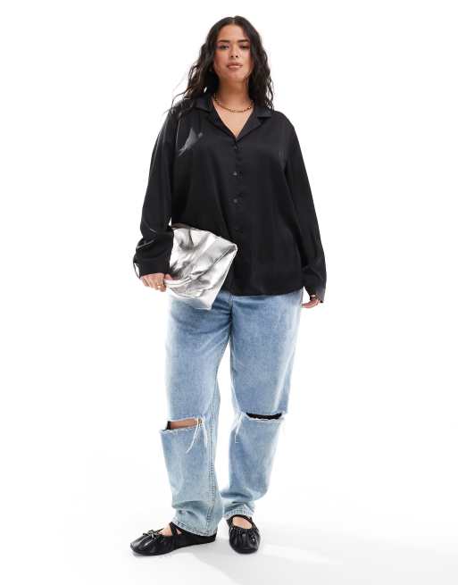 ASOS DESIGN Curve - Camicia comoda a maniche lunghe in raso nero, 2 di 4