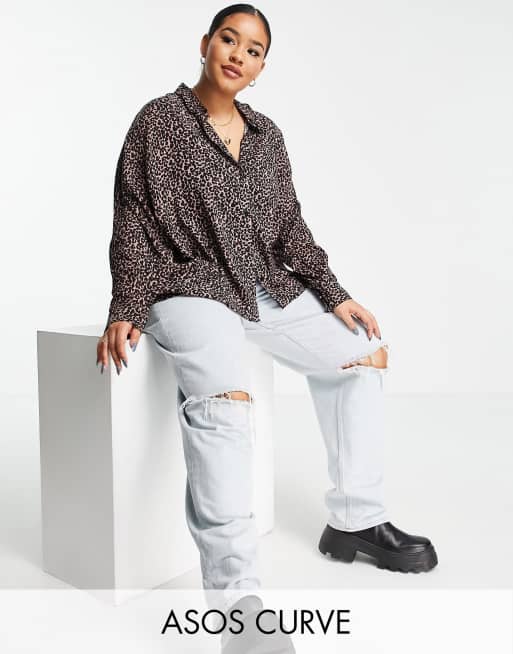 ASOS DESIGN Curve - Camicia corta a maniche lunghe con stampa leopardata