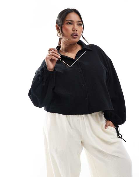 ASOS DESIGN Curve - Camicia corta testurizzata nera in cotone - view 1