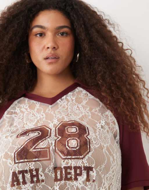ASOS DESIGN Curve - Camicia da calcio squadrata corta in pizzo bordeaux, 3 di 4