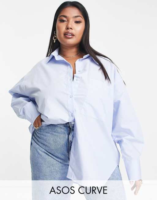 ASOS DESIGN Curve - Camicia dad comoda con taglio asimmetrico blu chambray