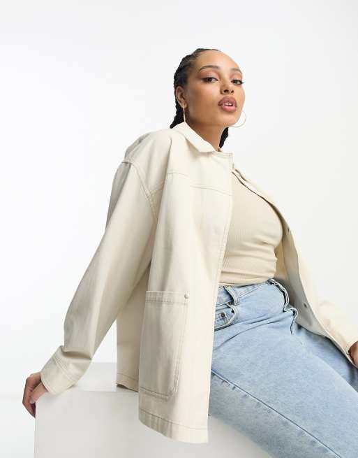 ASOS DESIGN Curve - Camicia giacca in cotone leggero écru con tasche