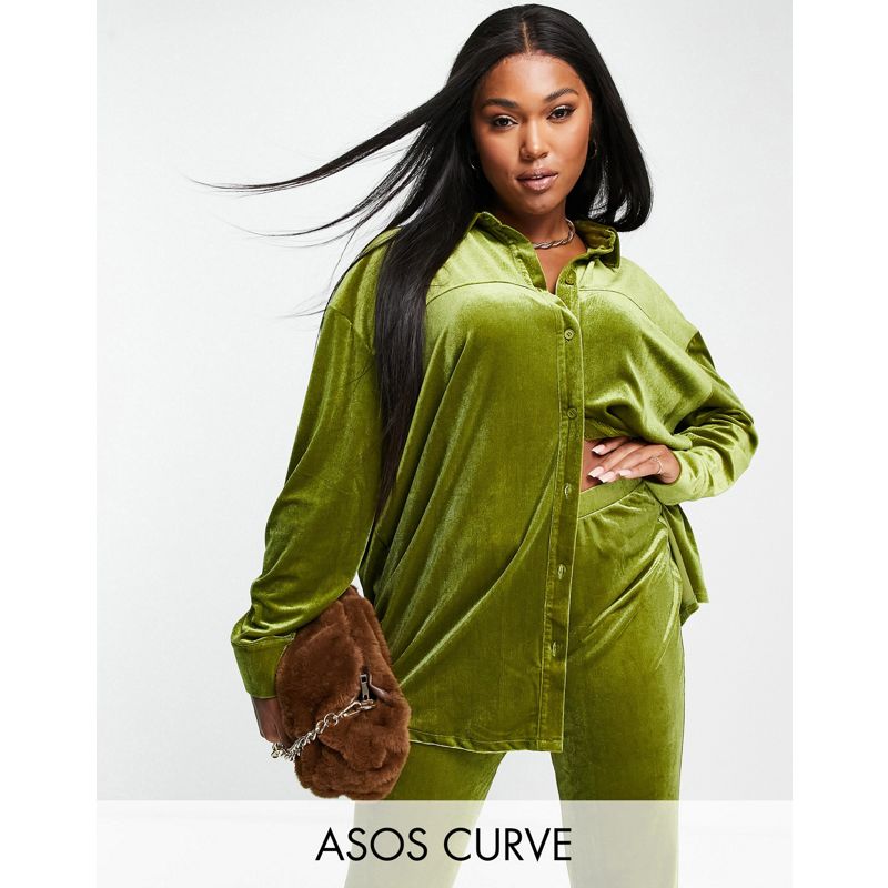 aqKbx Donna DESIGN Curve - Camicia giacca in velluto verde oliva in coordinato
