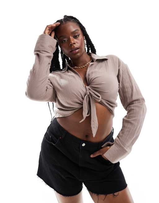 ASOS DESIGN Curve - Camicia in mussola color fungo con nodo sul davanti