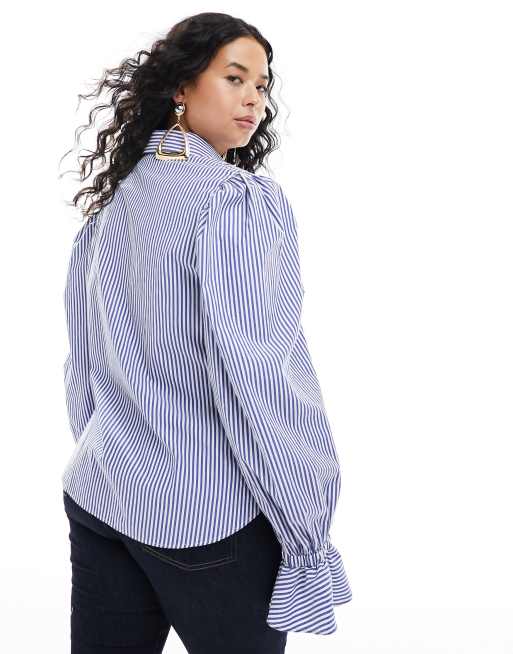 ASOS DESIGN Curve - Camicia morbida blu a righe con maniche voluminose e volant sui polsini, 3 di 4