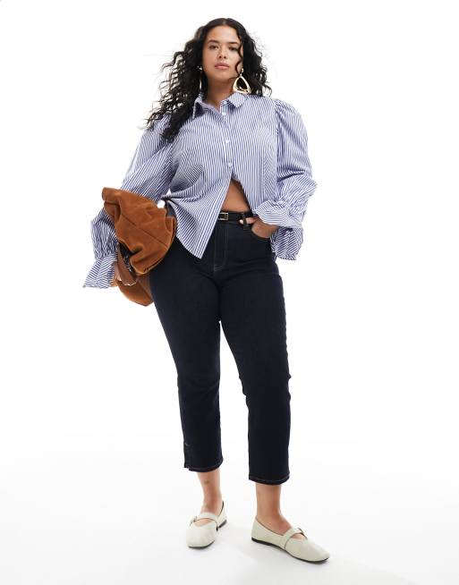 ASOS DESIGN Curve - Camicia morbida blu a righe con maniche voluminose e volant sui polsini, 4 di 4