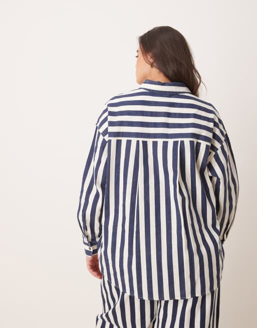 ASOS DESIGN Curve - Camicia oversize effetto lino a righe blu navy in coordinato, 3 di 4