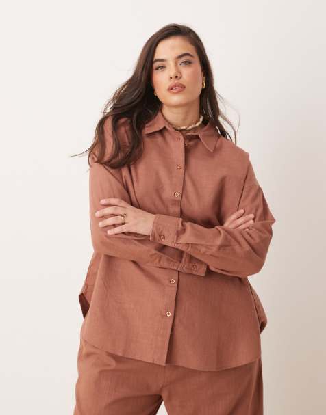 ASOS DESIGN Curve - Camicia oversize effetto lino color mocha in coordinato - view 1