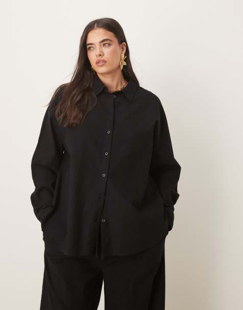 ASOS DESIGN Curve - Camicia oversize effetto lino nero in coordinato - view 1