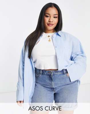 ASOS DESIGN Curve - Camicia oversize in lino blu con taglio asimmetrico
