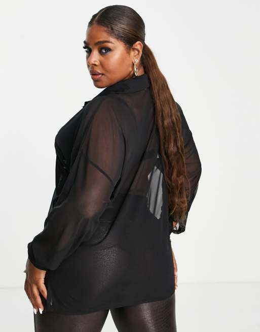 ASOS DESIGN Curve - Camicia oversize in rete nera - BLACK, 4 di 4