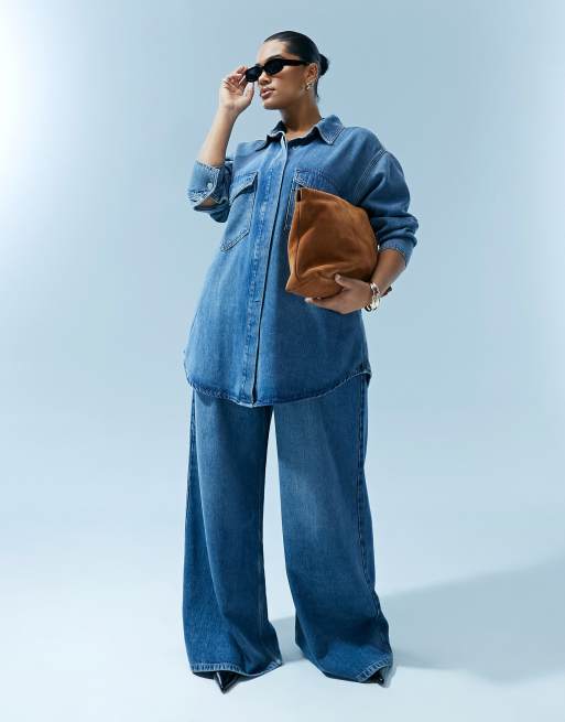 ASOS DESIGN Curve - Camicia premium oversize in denim lavaggio blu in coordinato
