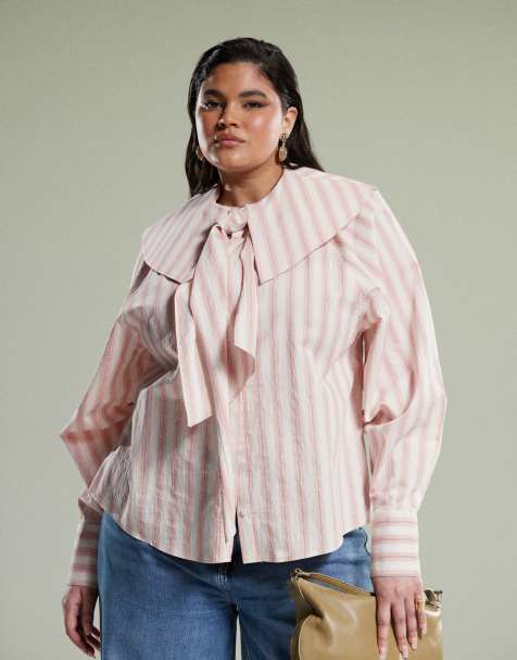 ASOS DESIGN Curve - Camicia rosa a righe con colletto grande e allacciatura - view 1
