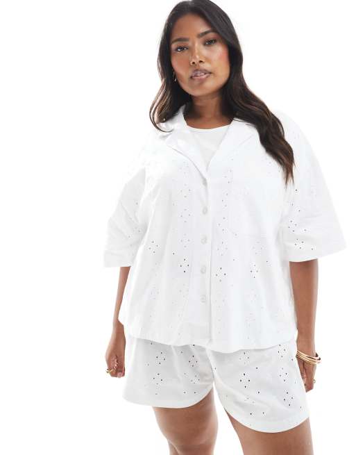 ASOS DESIGN Curve - Camicia stile resort in pizzo bianca in coordinato