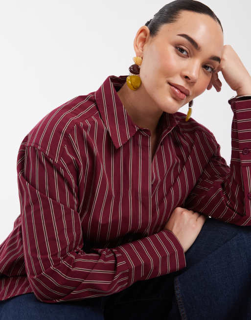 ASOS DESIGN Curve camicia stretta in vita a righe bordeaux, 2 di 4