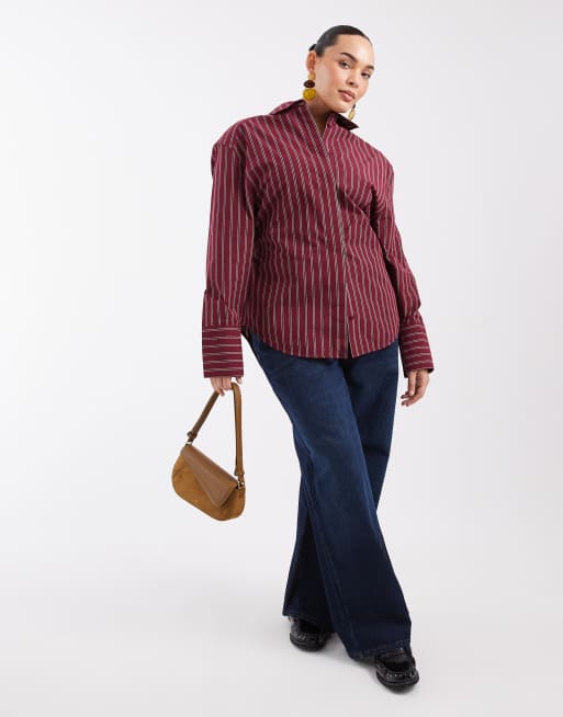 ASOS DESIGN Curve camicia stretta in vita a righe bordeaux, 3 di 4
