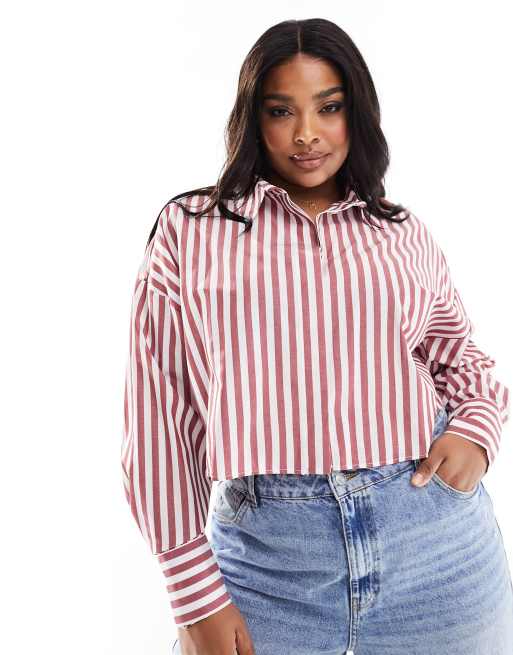 ASOS DESIGN Curve - Camicia taglio corto bordeaux a righe