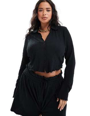 ASOS DESIGN Curve - Camicia testurizzata nera con maniche svasate in coordinato