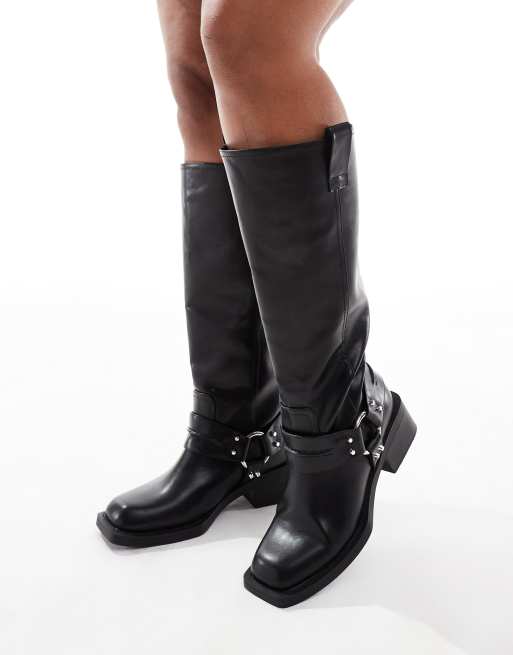 ASOS DESIGN Curve – Camila – Svarta, knähöga, platta bikerboots med remmar, 4 av 4