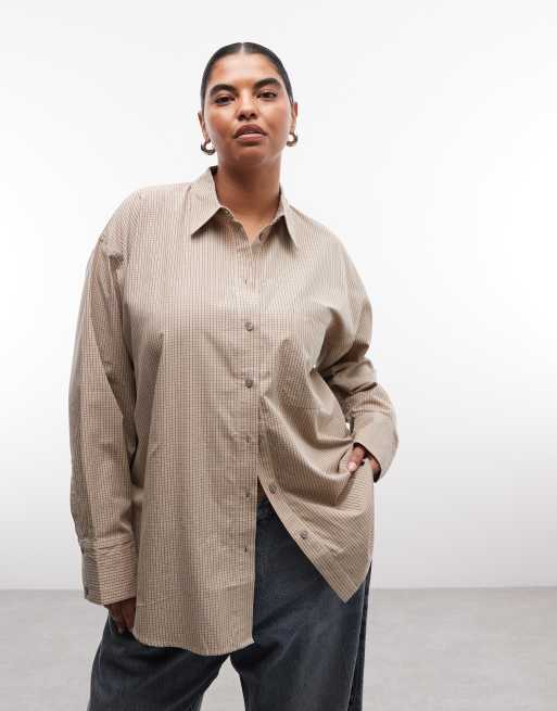 ASOS DESIGN Curve - camisa clásica de algodón a cuadros beige, 4 de 4