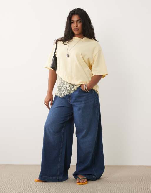 ASOS DESIGN Curve - Camiseta amarillo pastel de manga corta con bajo de encaje, 3 de 4