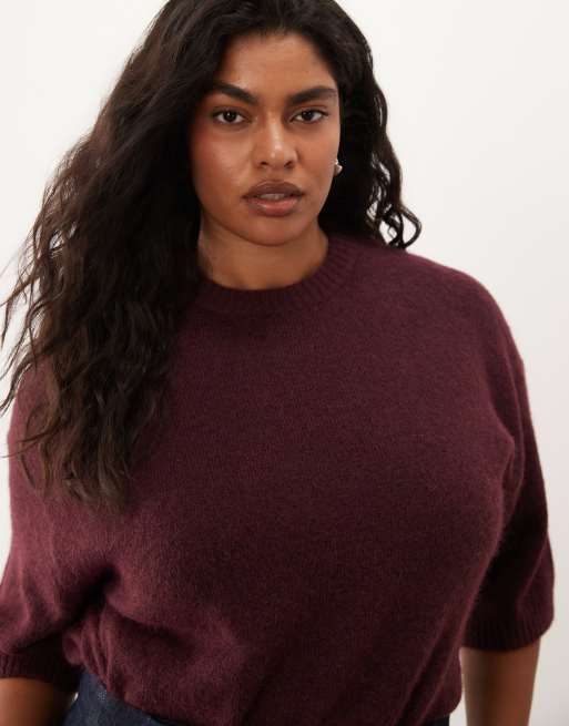 ASOS DESIGN Curve - Camiseta burdeos con cuello redondo de tejido con lana (parte de un conjunto), 4 de 4